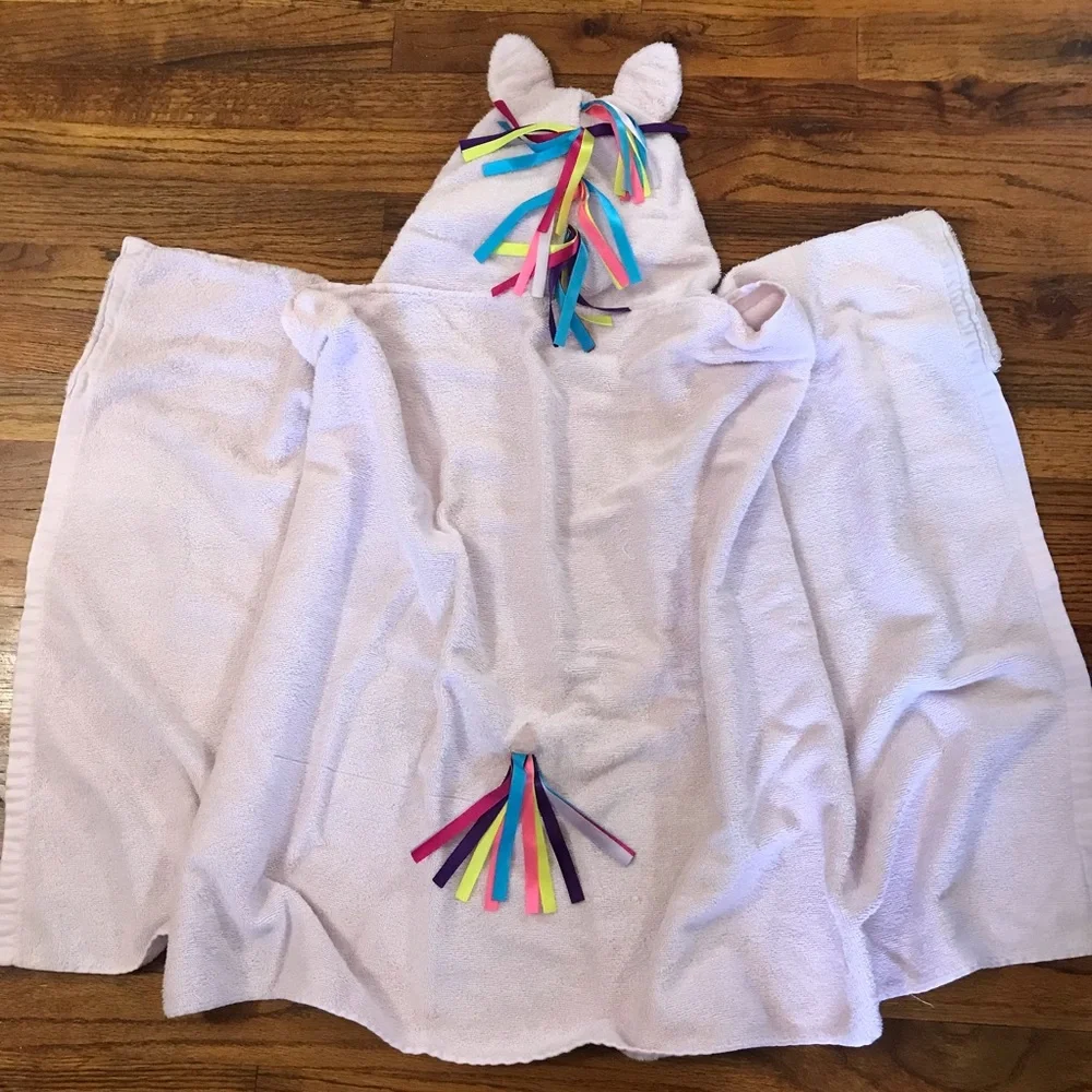 Girls Kids Bath Towel Wrap Cover Hooded Hoodie Unicorn Design Terry Clo Ribbons